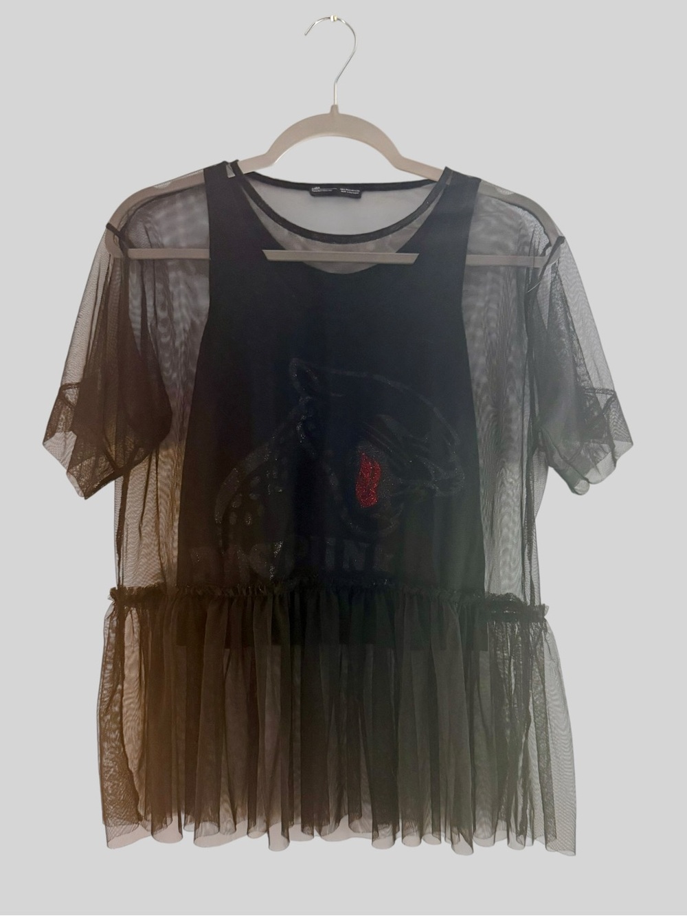 ZARA Post Punk Sheer Mesh Ruffled Peplum Top with Graphic Tank Underlayer